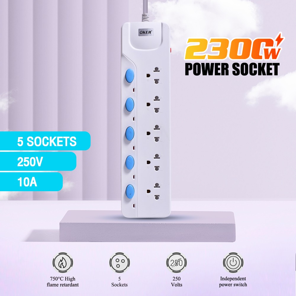 Oker PC-8525/5M Oker ปลั๊กไฟ 5เต้า 5สวิทย์ มาตราฐาน มอก. PC-8525 5 เมตร PG-OK-05-8525W