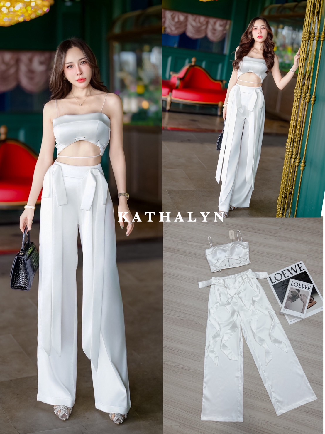 ʟᴀʙᴇʟ : KATHALYN (แคธรีน) Detail : เสื้อครอบสั้นสายเดี่ยว สายปรับระดับได้ มีบลาในตัว เนื้อผ้าเงาผ้าหนากำลังดี เสื้อดีไซน์แต่งเชือกร้อยสานไปยังด้านหลังผูกโบว์เก๋ๆ แมทช์คู่กับกางเกงขายาวทรงสวยสีเดียวกันกับเสื้อ ด้านข้างกางเกงแต่งโบว์ทั้งสองข้างหางยาวสวยสะดุ