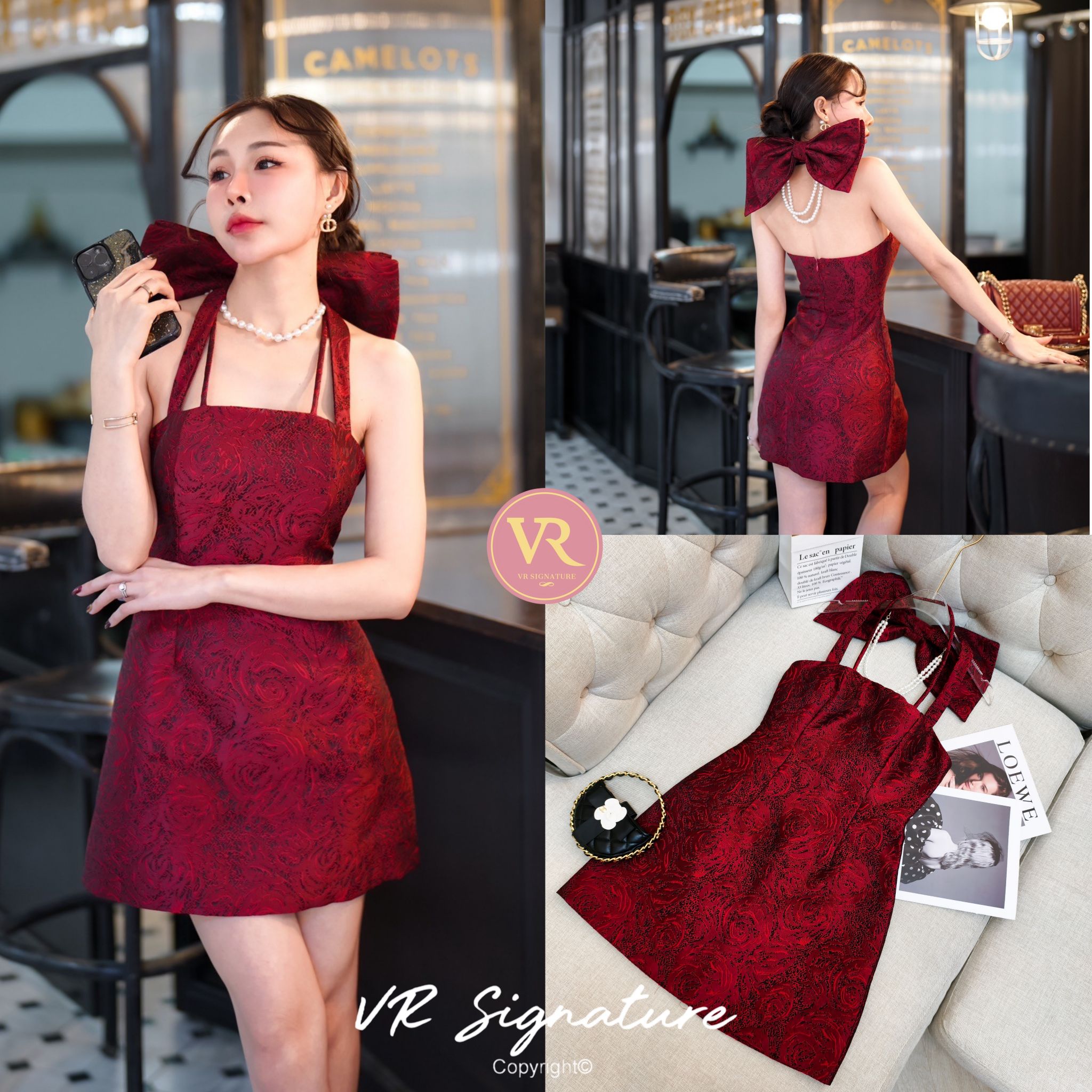 Dress สั้น สายเดี่ยวคล้องคอ ด้านหลังแต่งโบว์ใหญ่และสร้อยไข่มุกสวยมากค่ะ ช่วงอกมีฟองน้ำจัดทรงให้ค่ะ เอวเข้ารูป ชายกระโปรงบานเล็กน้อย เนื้อผ้าทอสวยมากค่ะ ผ้าหนาเป็นทรงสวย มีซับด้านในค่า ต้องมีติดตู้นะค่า ... ใส่ออกมาแล้วเป๊ะเว่อร์ แพทเทรินเนี๊ยบสุดๆ สามารถใ