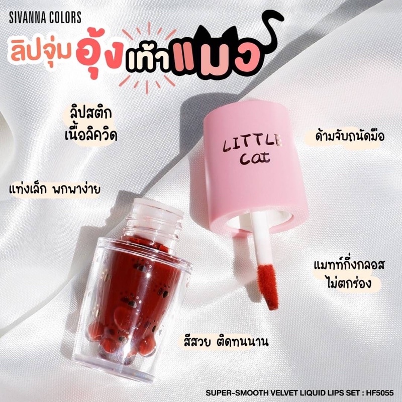 SIVANNA COLORS LITTLE CAT SUPER-SMOOTH VELVET LIQUID LIPS SET HF5055 สิวันนา ลิปจุ่ม เนื้อแมท เนื้อกลอส