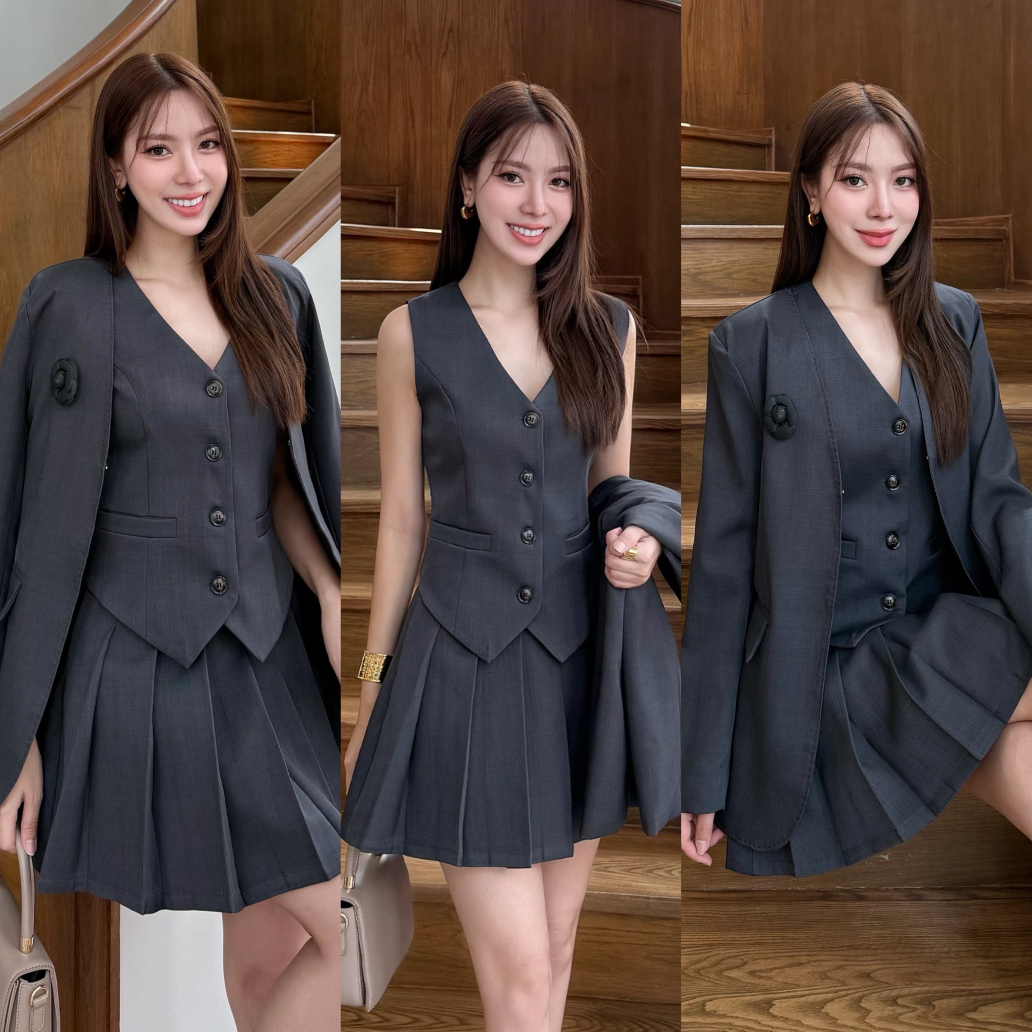 เซ็ท 4 ชิ้น เสื้อสูท+เสื้อ vestด้านใน +กระโปรง(กางเกงเป็นซับใน)+เข็มกลัดดอกไม้ ใช้ผ้าเดียวกันทั้งเซ็ท ตัวเสื้อสูทมีซับในอย่างดี เสริมรองบ่าบางๆเพื่อให้เป็นทรงสวย มีตะขอใส่แบบติดก็ได้น๊า กระโปรงซิปข้าง ซับในเป็นกางเกง เนื้อผ้ามีTexture สวย ยับยากก #ชุดใส่ท