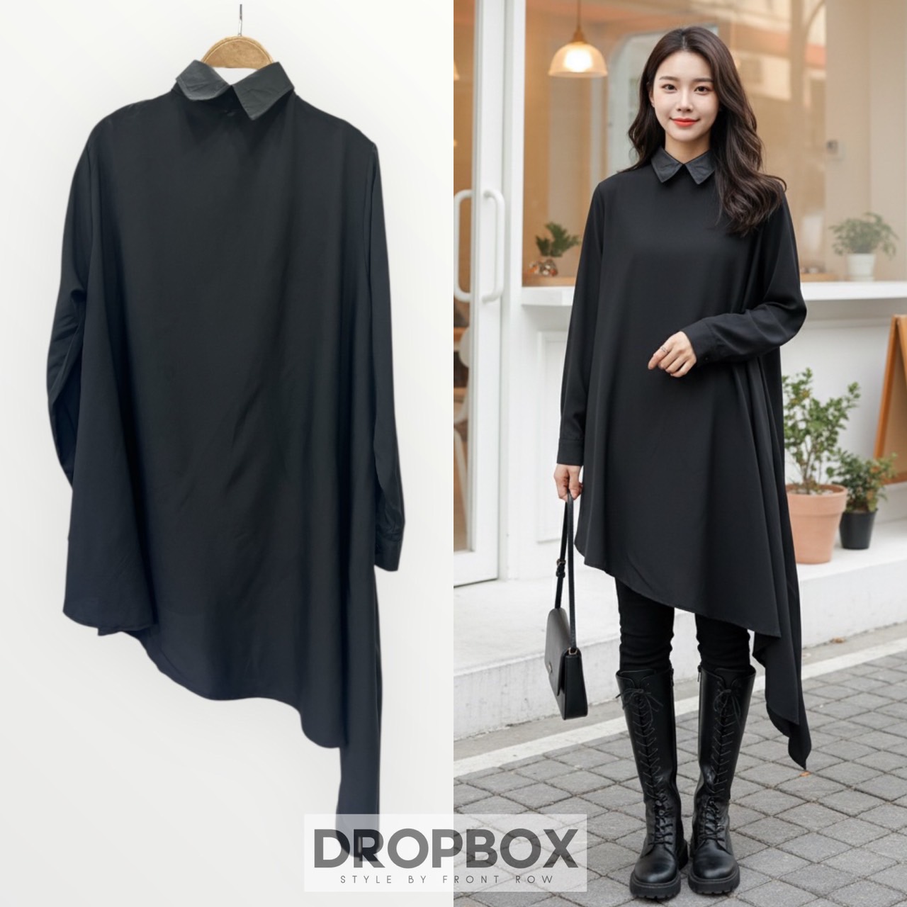 One Side Long Black Shirt เสื้อเชิ้ตสีดำส่งโอเวอร์ใสชายเฉียงด้านหนึ่งรุ่นนี้เก๋มากคือใส่ได้ทั้งสองด้านด้านหน้าและด้านหลังด้านหนึ่งจะมีกระดุมด้านหนึ่งจะเป็นเรียบเรียบสามารถใส่ได้ทั้ง2แบบ