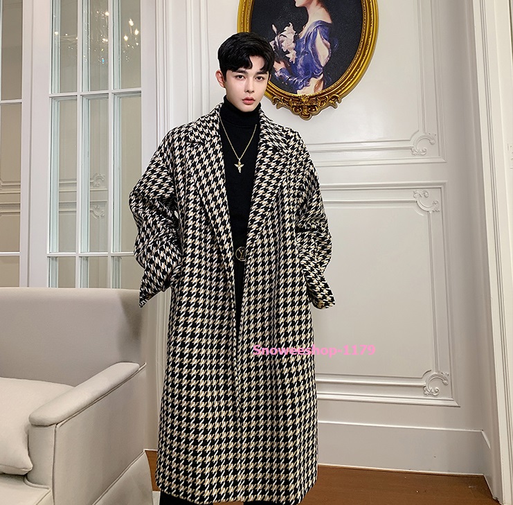 เสื้อโค้ทผู้ชายลายสก๊อต สไตส์วินเทจอังกฤษ ทรงโอเวอร์ไซส์ ผ้าวูลตัวยาวซับในหนาแต่งเข็มขัดเข้ารูป ขนาดรอบอกถึง 50 นิ้ว