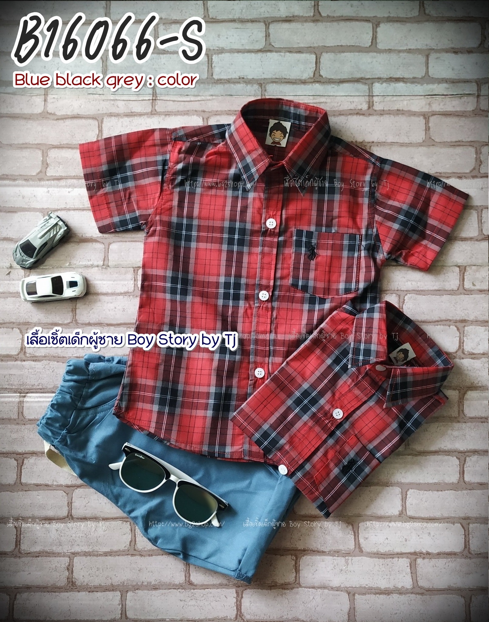 B16067-S ลายสก็อตแดงดำเทา - เสื้อเชิ้ตเด็ก