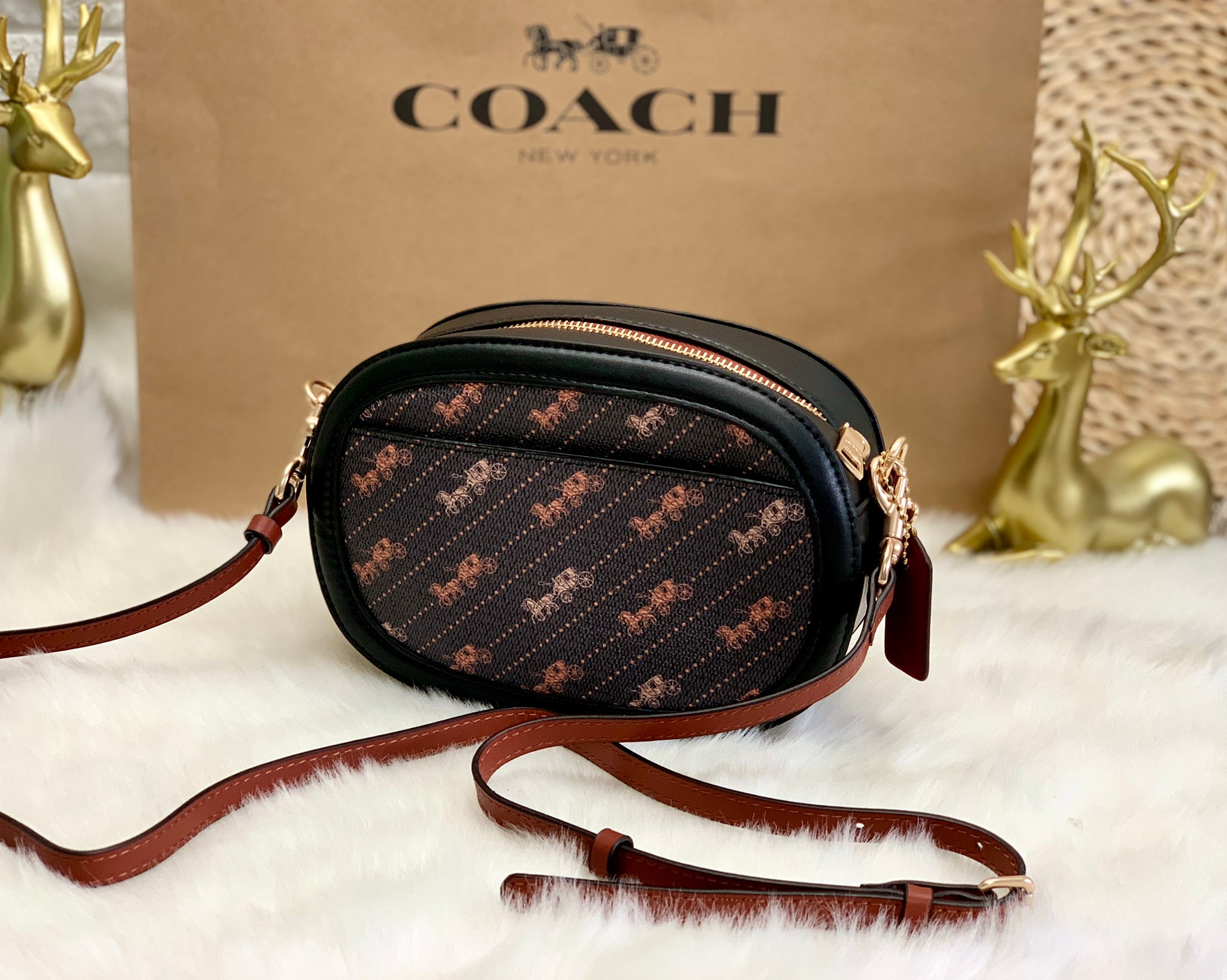 กระเป๋าสะพายทรงกล่องกลมไฮโซน่ารักเก๋ๆ แบรนด์เนมโค้ชสีดำลายรถม้า COACH CAMERA BAG WITH HORSE AND CARRIAGE DOT PRINT ((C4057))
