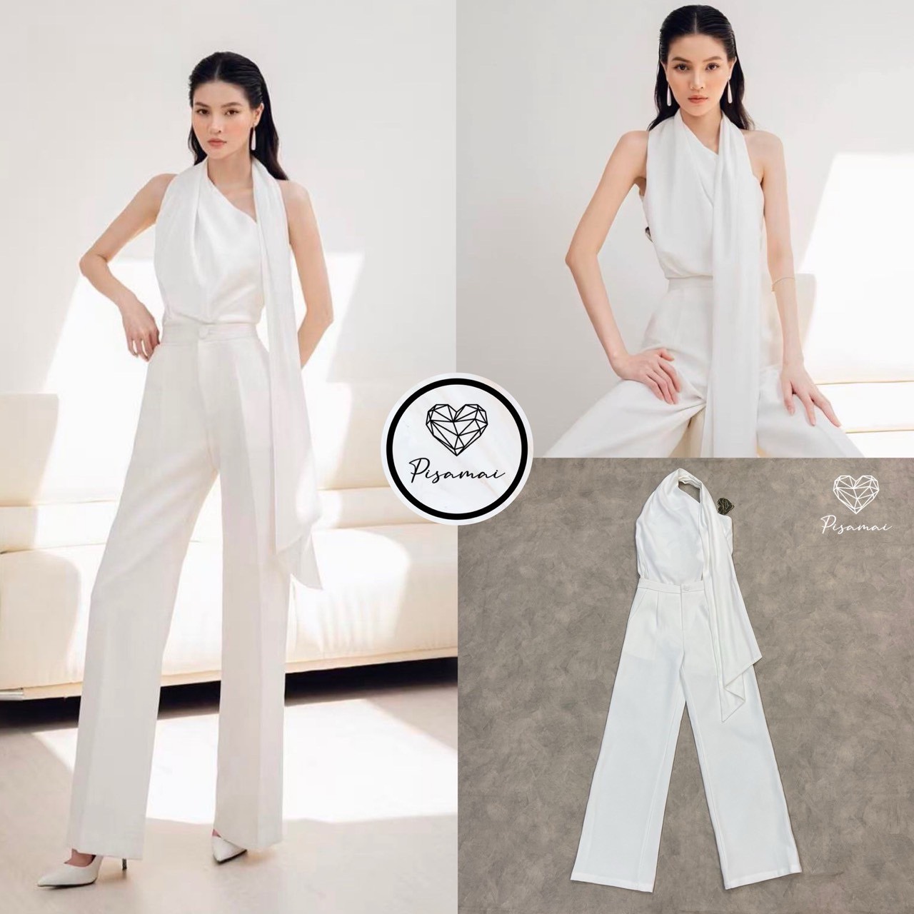 เซ็ตแขนกุดสีขาวดีเท็ลหางปลายาวพาดคอ มาคู่กับกางเกงขายาวสีขาวเข้าเซ็ต เก็บทรงดีมาก เฟียสๆ แกรมๆ ได้ไม่ซ้ำใคร