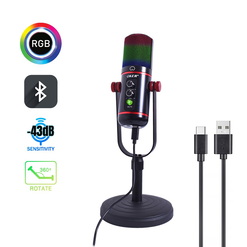 MIC-2022 OKER USB CONDENSER MICROPHONE BLUETOOTH RGB Lighing ลดสัญญาณรบกวน SKU-03045