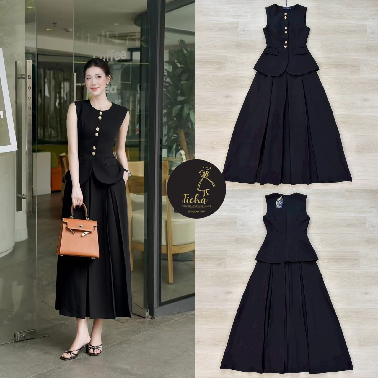 Set 2 ชิ้น เสื้อแขนกุดสีดำคอกลม ดีเทลแต่งกระดุมอะไหล่ทองด้านหน้าดีไซน์สุดเก๋ มีกระเป๋าหน้าทั้ง2ข้าง อกเสริมฟองน้ำให้ทรงสวย แมทส์กับกระโปรงยาวสีดำจับจีบพริ้วผ้าเนื้อนิ่ม มีกระเป๋าข้าง มีชับในและซิปหลัง