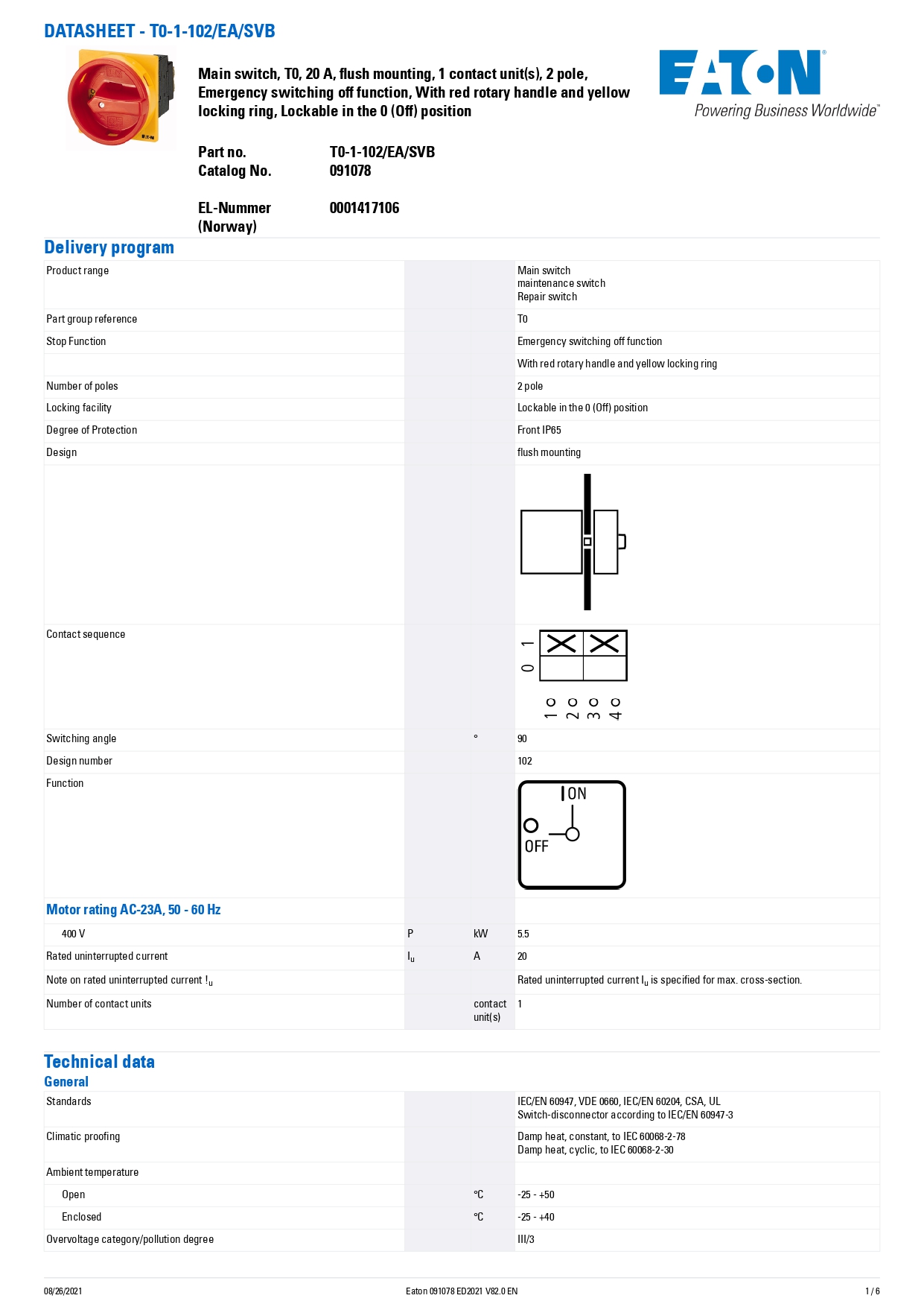 EATON : Main switch panel T0-1-102/EA/SVB 2P 20A