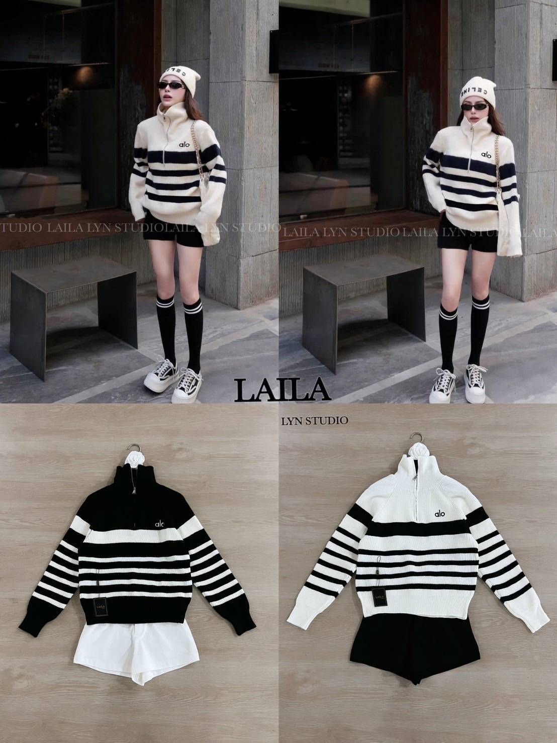 Tag : LAILA Detail: SET เสื้อ+กางเกง เสื้อแขนยาวทรงคอปีนงานผ้าสเวตเตอร์นุ่มนุ่มฟูฟู แต่งลายทางสลับขาวดำ งานมีซิปด้านหน้าช่วงบน ดีไซน์โลโก้aloปักที่หน้าอก มาพร้อมกางเกงขาสั้นทรงผู้ดี งานผ้าสวยทรงเป๊ะเข้ารูป ให้ลุคสปอร์ตสไตล์สาวเท่สุดๆ **งานแฟชั่นนำเข้าby l