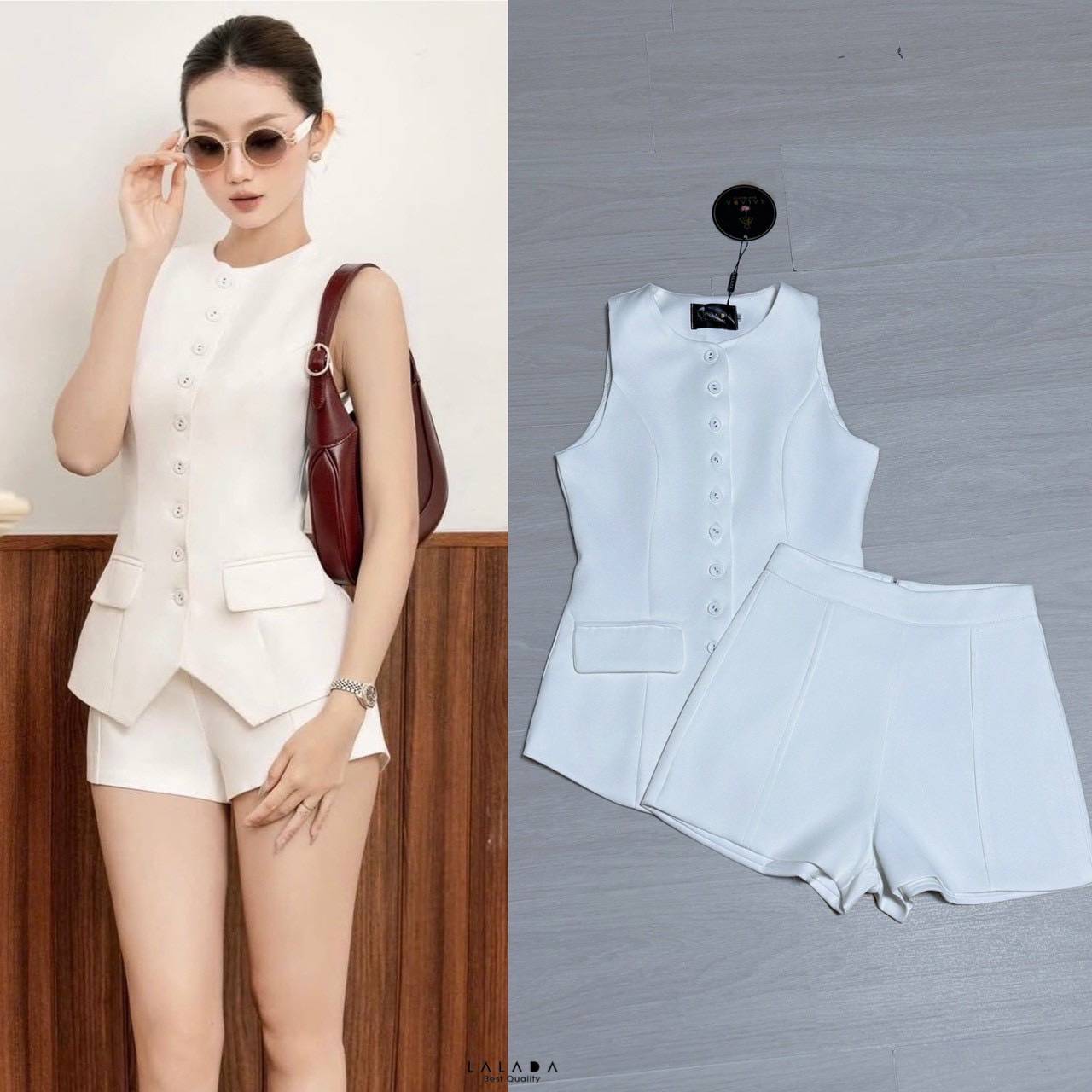 set 2 ชิ้น เสื้อแขนกุดกระดุมหน้าตัดเย็บอย่างดี มีกระเป๋าสองข้างใช้งานได้จริง เนื้อผ้าอย่างดี จับแมทช์กับกางเกงขาสั้น งานซิปหลัง สวยแกลม