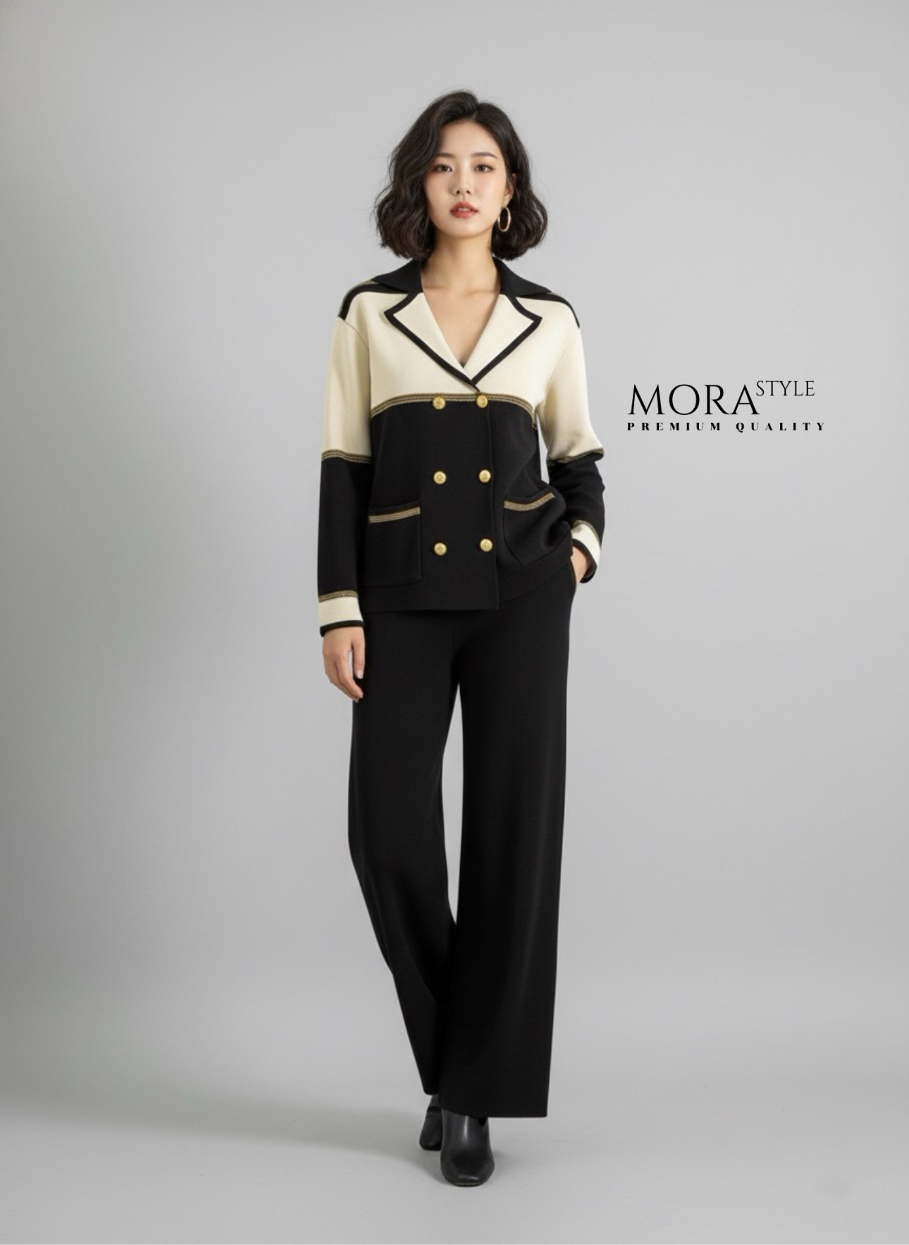 เซ็ตไหมพรม 2 ชิ้น เสื้อแขนยาวทูโทนแต่งกระดุมด้านหน้า มาพร้อมกับกางเกงขายาว ผ้าใส่สบายไม่ร้อน ใส่เที่ยวใส่ออกงานได้ เป็นอีกรุ่นที่ต้องมีติดตู้นะคะ