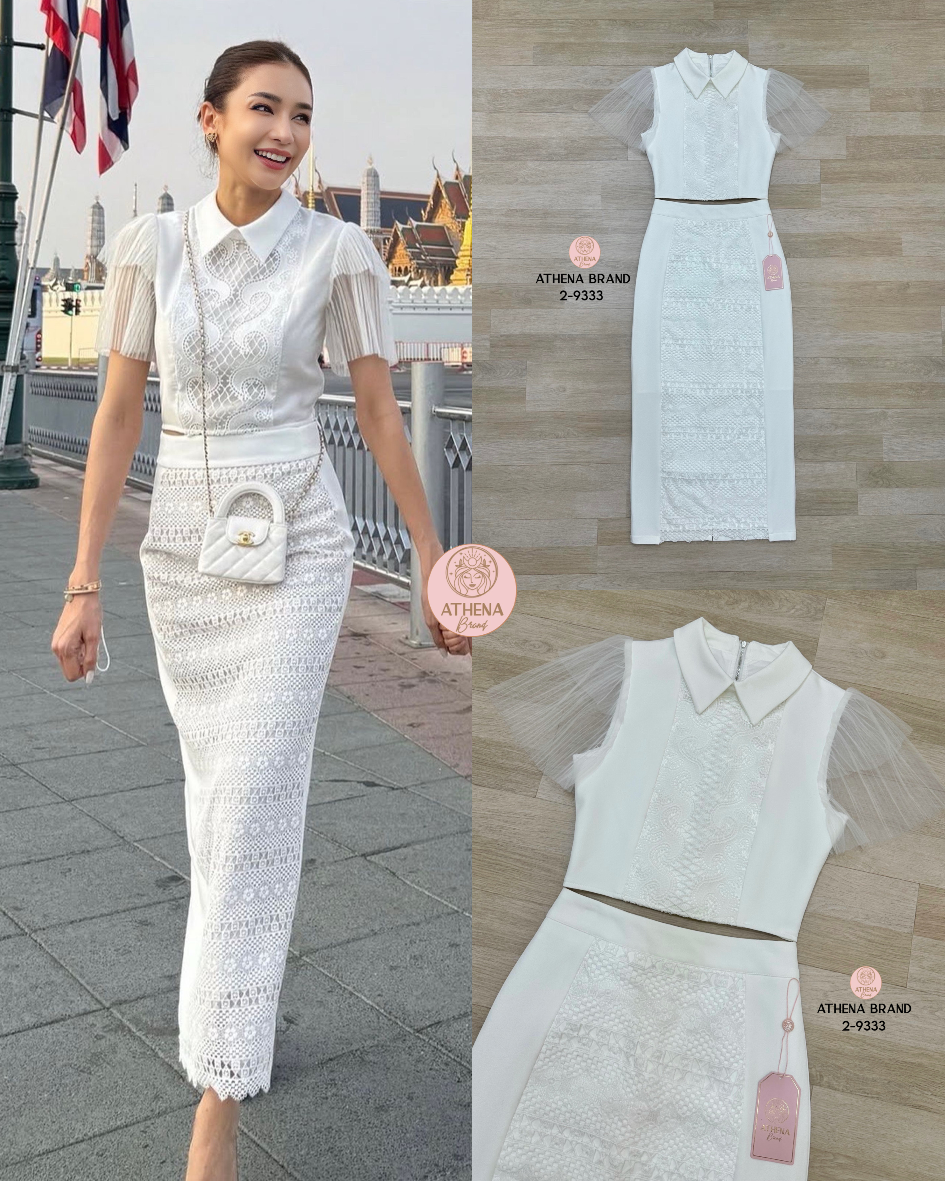 Tag 🔖 :Athena (อธีน่า) Brand Detail :: เสื้อ+กระโปรง เสื้อคอปกแขนระบายดีไซน์แต่งลูกไม้ มาพร้อมซับในสวมใส่แบบซิปด้านหลัง แมตช์มาคู่กับกระโปรงตัดต่อแต่งผ้าลูกไม้ เนื้อผ้าดี๊ดีมีTexture งานมีซับในสวมใส่แบบซิปด้านหลัง ชายกระโปรงด้านหลังผ่า สอดแทรกดีเท