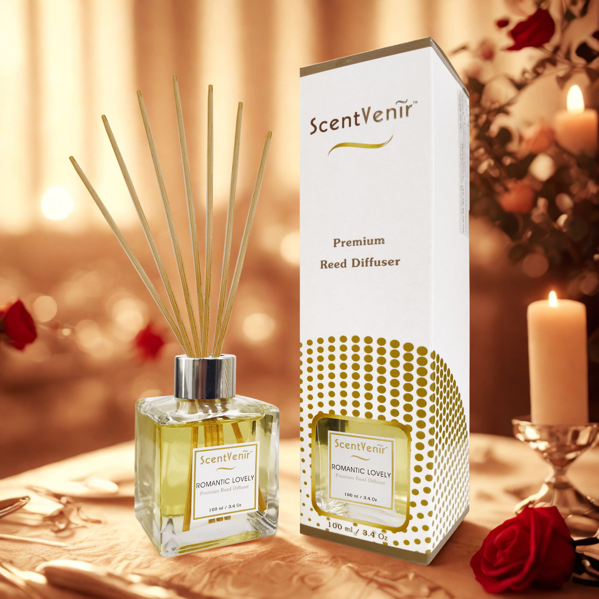 ScentVenir ROMANTIC LOVELY Scent Diffuser น้ำหอมกระจายกลิ่น น้ำหอมปรับอากาศ ไม้หวาย ก้านไม้ ก้านหวาย ก้านไม้หอม กลิ่น โรแมนติก เลิฟลี่ สัมผัสกับกลิ่นแห่งความหวาน อบอุ่น โรแมนติก อโรม่า สูตรน้ำมันหอมระเหยแท้กับหัวน้ำหอมเกรดสูง ขนาด 100ml ใช้นาน 5 เดือน