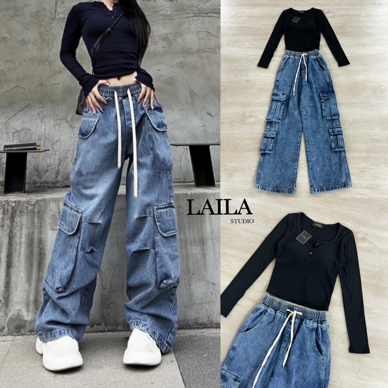 Set เสื้อ+กางเกง เสื้อกึ่งครอปทรงแขนยาวมาในโทนสีดำงานผ้ายืดหยุ่นใส่สบาย งานเสริมฟองน้ำในตัว มาพร้อมกางเกงทรงบอยๆปล่อยๆ งานยีนส์นำเข้า💯 แต่งกระเป๋าแถบข้าง แต่งเอวสม็อค งานผ้าสวยสุดๆ ลุคสาวเท่ลุยๆต้องลุคนี้ค่า #ชุดเซ็ท #bylaila brand #กางเกงคาร์โก้