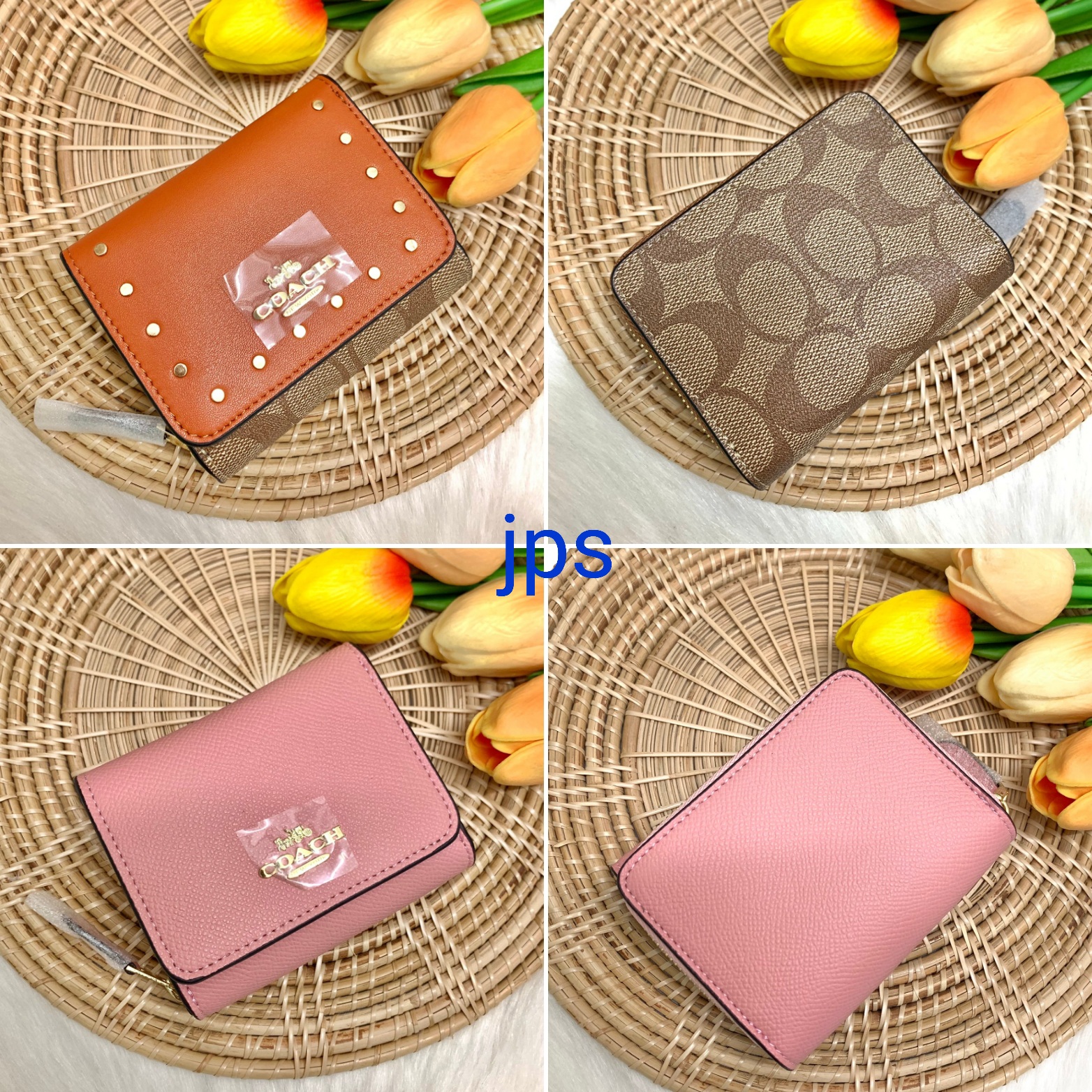 กระเป๋าสตางค์แบรนด์เนมโค้ชสีส้มน้ำตาลชมพูลายc หนังแท้หนังแคนวาส COACH SMALL TRIFOLD WALLET ((3323//41302//37968//7331))