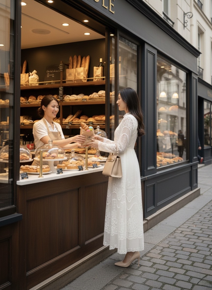 เดรสยาวแขนยาวปักลาย มีสีครีมและสีดำ