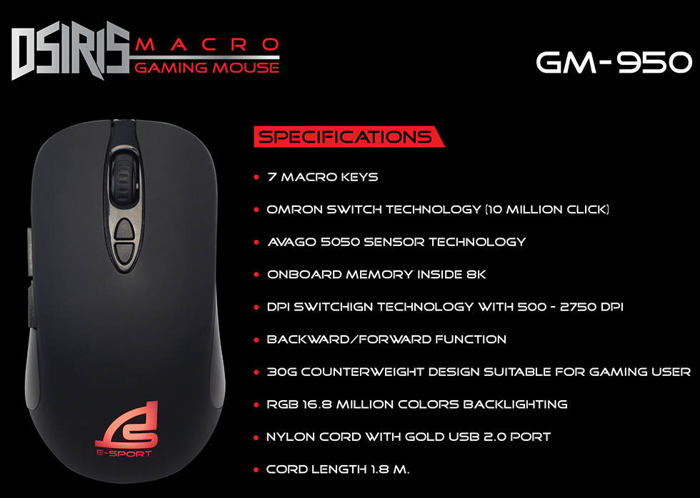 SIGNO GM-950BLK สีดำ DSIRIS SIGNO MACRO GAMING 3200DPI GM-950 MO-SI-OU-G950B