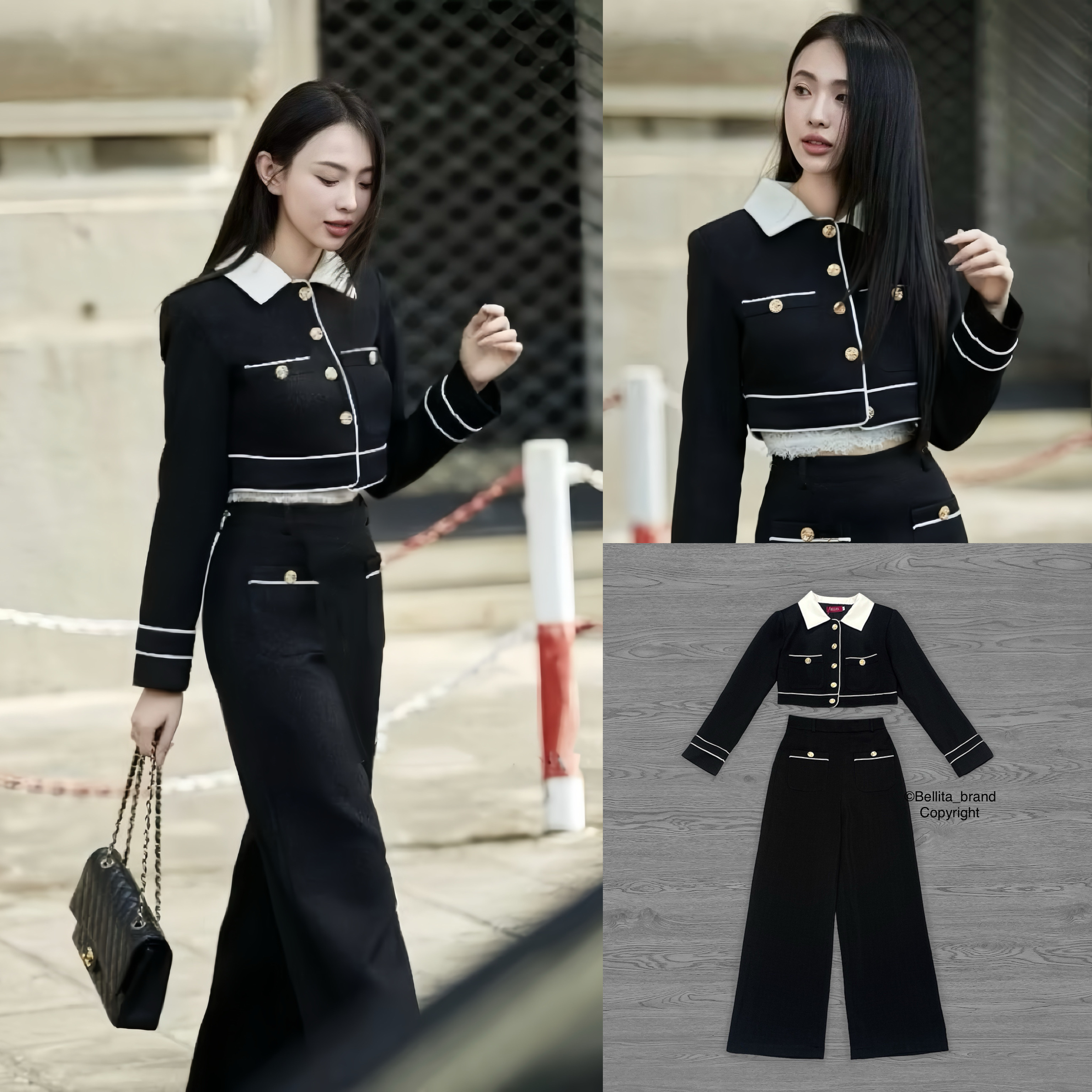 ชุดเซ็ทกางเกง 2 ชิ้น สีดำ เสื้อครอปสั้นแขนยาว คอปกสีขาว กระดุมทองด้านหน้า กางเกงขายาวทรงสวยปังมาก ใส่ทำงานคือเริ่ด