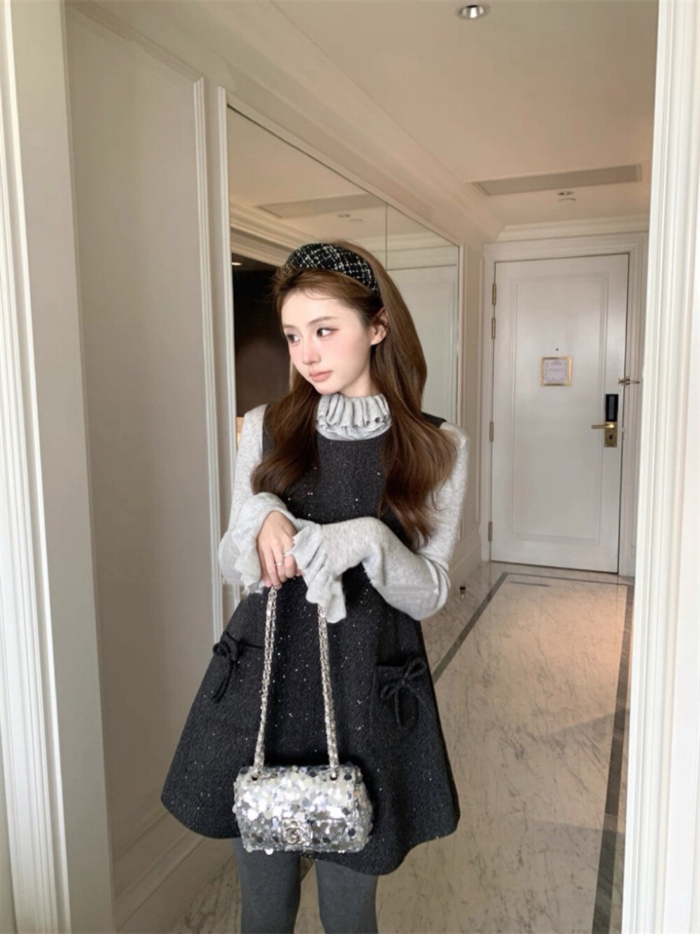 MAYA SHOP 5085# Set 2 pcs เสื้อแขนยาว ลาย polka dot + เดรสแขนกุด คอบัว งานซิปหลัง เนื้อผ้าดี มีซับใน งานสวย