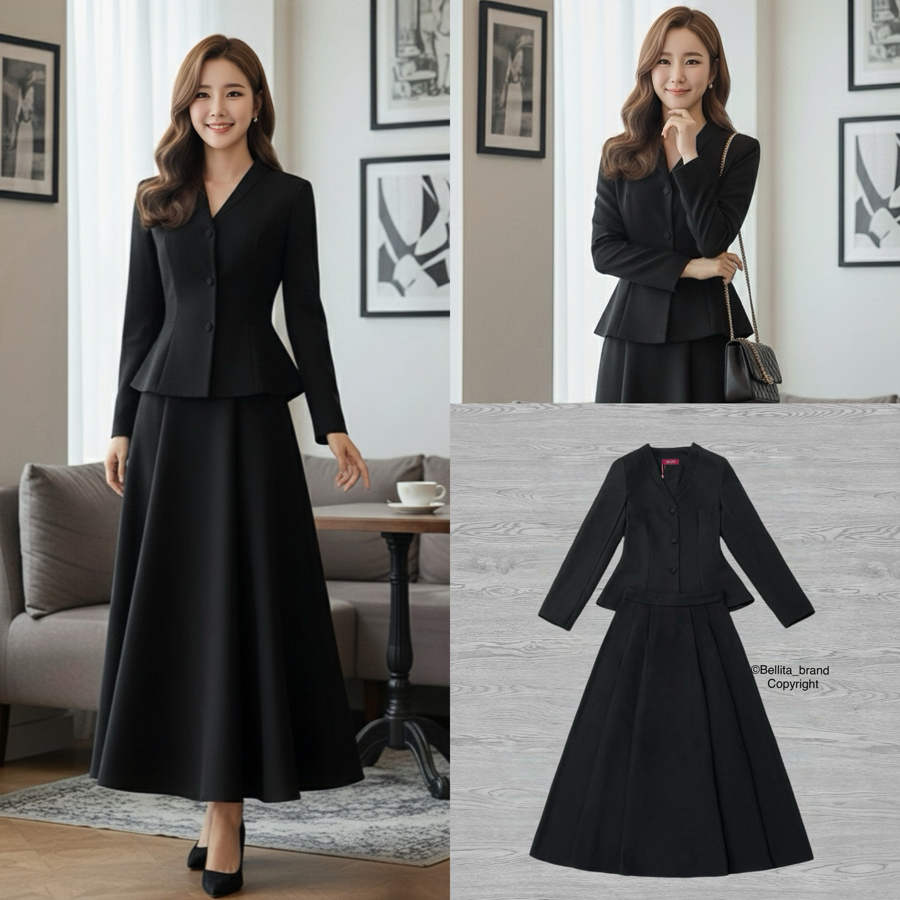 เซต 2 ชิ้น ชุดสุภาพสีดำล้วน เสื้อคอวีแขนยาว กระดุมสีดำด้านหน้า เอวเข้ารูป มากับกระโปรงยาวบานสีดำมีจีบกระโปรง ดูสุภาพเรียบร้อยมาก