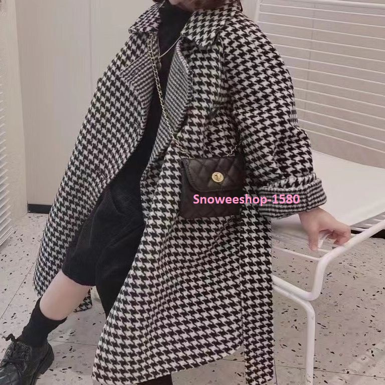 เสื้อโค้ทเด็กสไตล์เกาหลี เสื้อโค้ทผ้าวูลหนาลายชิโนริตัวยาวพร้อมสายเข็มขัดมีไซเด็กเล็ก 110 cm ถึง 170 cm ใส่กันหนาวเหมาะสำหรับอุณหภูมิเลขตัวเดียว