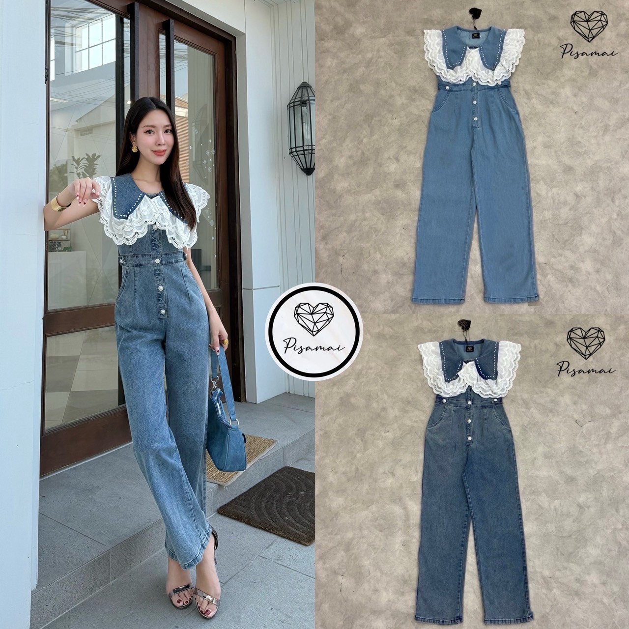 จั้มสูทขายาวสียีนส์ฟอก แต่งระบายลูกไม้สีขาวช่วงคอ สดใสมากกก ถ่ายรูปปังมากค่ารุ่นนี้ สวย จบ ครบในชุดเดียว ห้ามพลาดเลยน้า