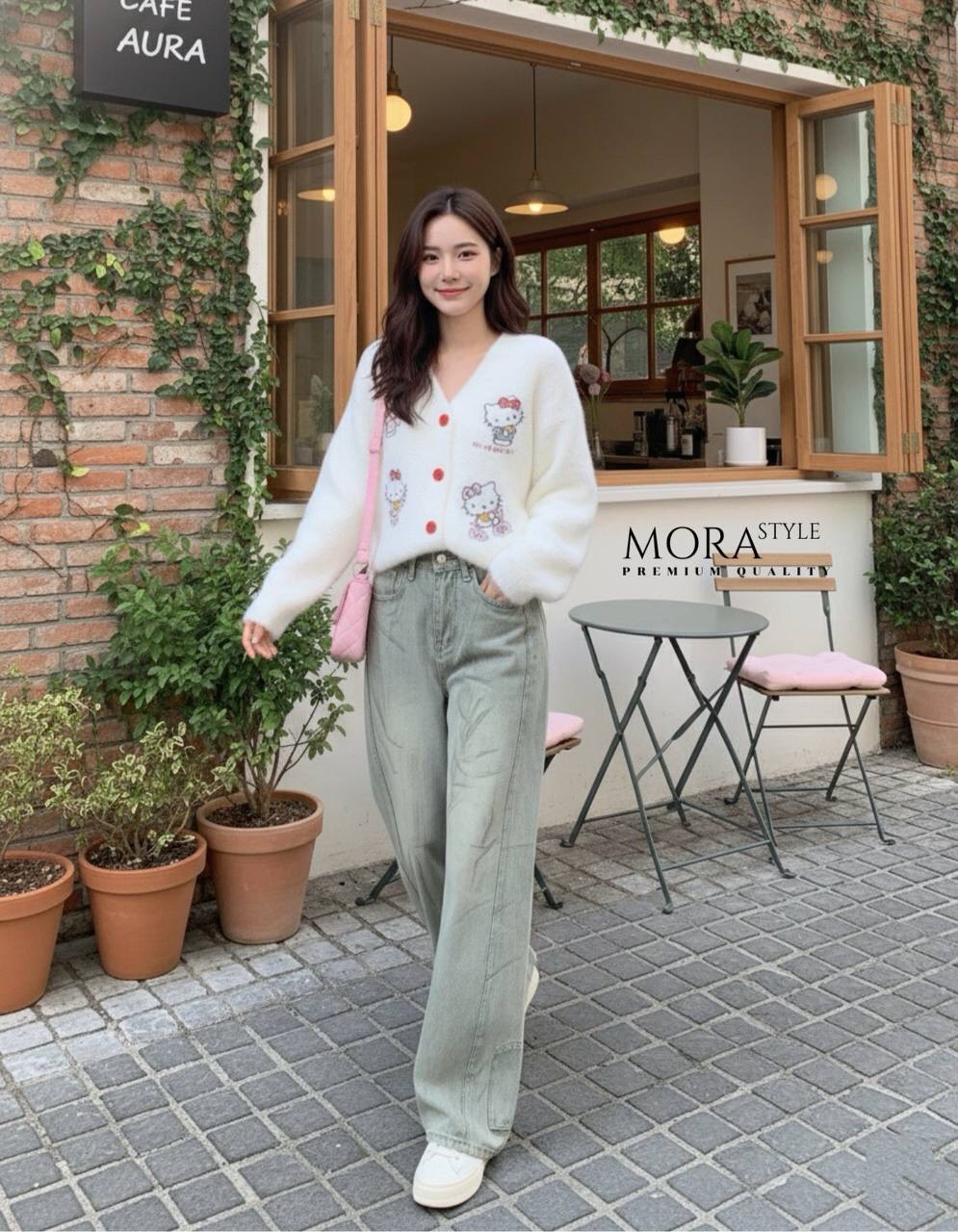 เซ็ต 2 ชิ้น เสื้อไหมพรมแขนยาวแต่งลายน้องคิตตี้น่ารัก กระดุมด้านหน้าใช้งานได้จริง มาพร้อมกับกางเกงยีนส์เอวสูงขากระบอก แต่งเปื้อน เย็บแต่งนูนๆๆ แต่งดีเทลกระเป๋าตรงปลายขา ใส่แมทช์น่ารักมากค่ะ