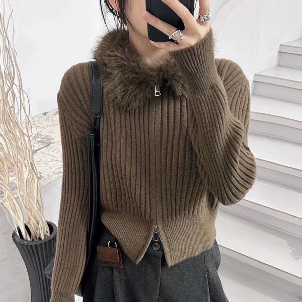 เสื้อสเวตเตอร์ขนสัตว์คอปกฟู ซิปคู่เก๋ไก๋และสวมใส่สบาย