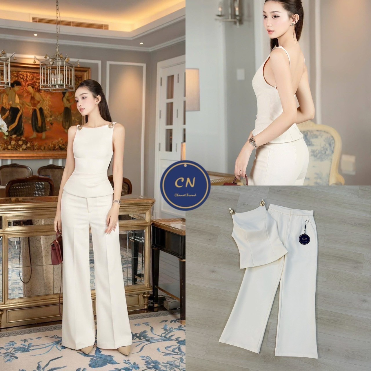 Set 2 ชิ้น เสื้อสายเดี่ยวสีครีม ช่วงสายด้านหน้าแต่งอะไหล่ดอกไม้สีทอง อกเสริมฟองน้ำ ดีเทลแต่งเว้าหลังบน ซิปหลังมีชับในตัว แมทซ์กับกางเกงขายาว สีเดียวกับชุด มีตะข้อและซิปหน้า กระเป๋าข้างใช้งานได้จริง งานสวย เนื้อผ้าดี คัตติ๊งเป๊ะคะ