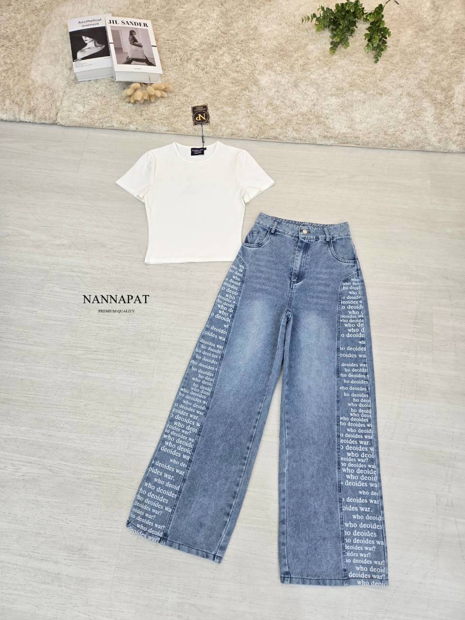 SET เสื้อยึดผ้านุ่มใส่สบาย + กางเกงยีนส์แท้ฟอกซีด-พิมพ์ลายอย่างจึ้ง สวยเท่