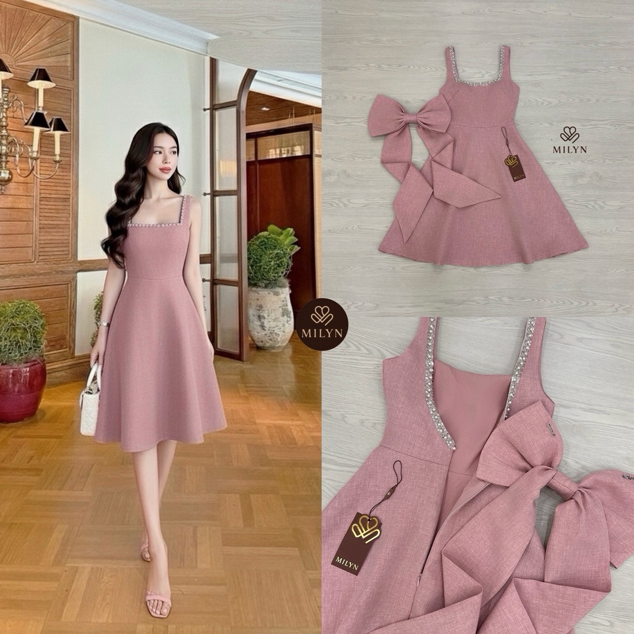 เดรสสีชมพูตัวเดรสแขนกุดแต่งอะไหล่เพชรขอบชุดช่วงอกเชื่อมไปด้านหลัง ( เดรสเสริมฟองน้ำและซิปหลังซ่อนอย่างดี ) และมีอะไหล่โบว์ใหญ่ริบบิ้นยาวให้อีกชิ้นมีกเข็มกลัดสามารถติดตรงด้านหลังได้ หรือถอดออกได้ ตัวกระโปรงทรงพลิ้วสวย เนื้อผ้าหนามีเทคเจอร์และมีซับในทั้งตัว