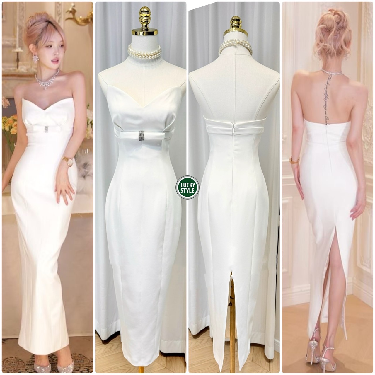 เดรสเป็นทรงเข้ารูป ตัวพื้นผ้าเป็นผ้าPoly ช่วงเอวติดโบว์เพชรสวยงาม เดรสใส่แบบพอดีตัวดูหวานหรู กระโปรงเปรี้ยวทรงสอบด้านหลังปลายกระโปรงแหวกสวยเรียบหรู