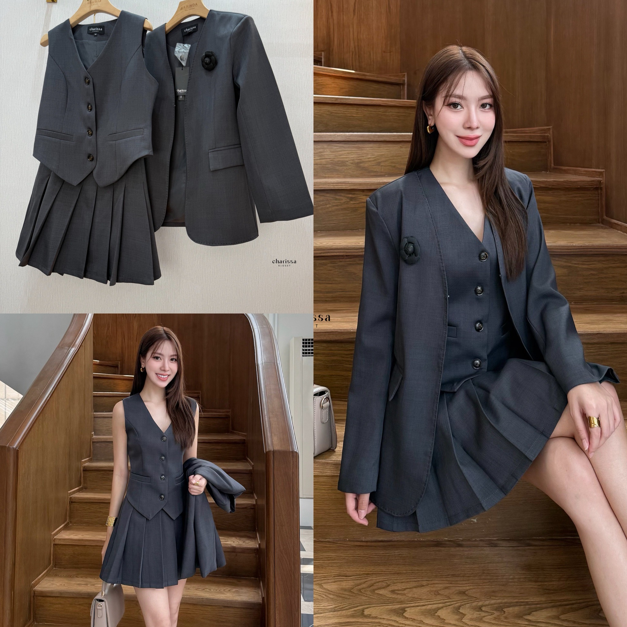 เซ็ท 4 ชิ้น เสื้อสูท+เสื้อ vestด้านใน +กระโปรง(กางเกงเป็นซับใน)+เข็มกลัดดอกไม้ ใช้ผ้าเดียวกันทั้งเซ็ท ตัวเสื้อสูทมีซับในอย่างดี เสริมรองบ่าบางๆเพื่อให้เป็นทรงสวย มีตะขอใส่แบบติดก็ได้น๊า กระโปรงซิปข้าง ซับในเป็นกางเกง เนื้อผ้ามีTexture สวย ยับยากก #ชุดใส่ท