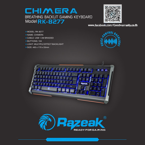 RAZEAK KEYBOARD GAMING รุ่น KB-8277 แบบ BREATHING BLACKLIT RUBBER SWITCH SKU-00221