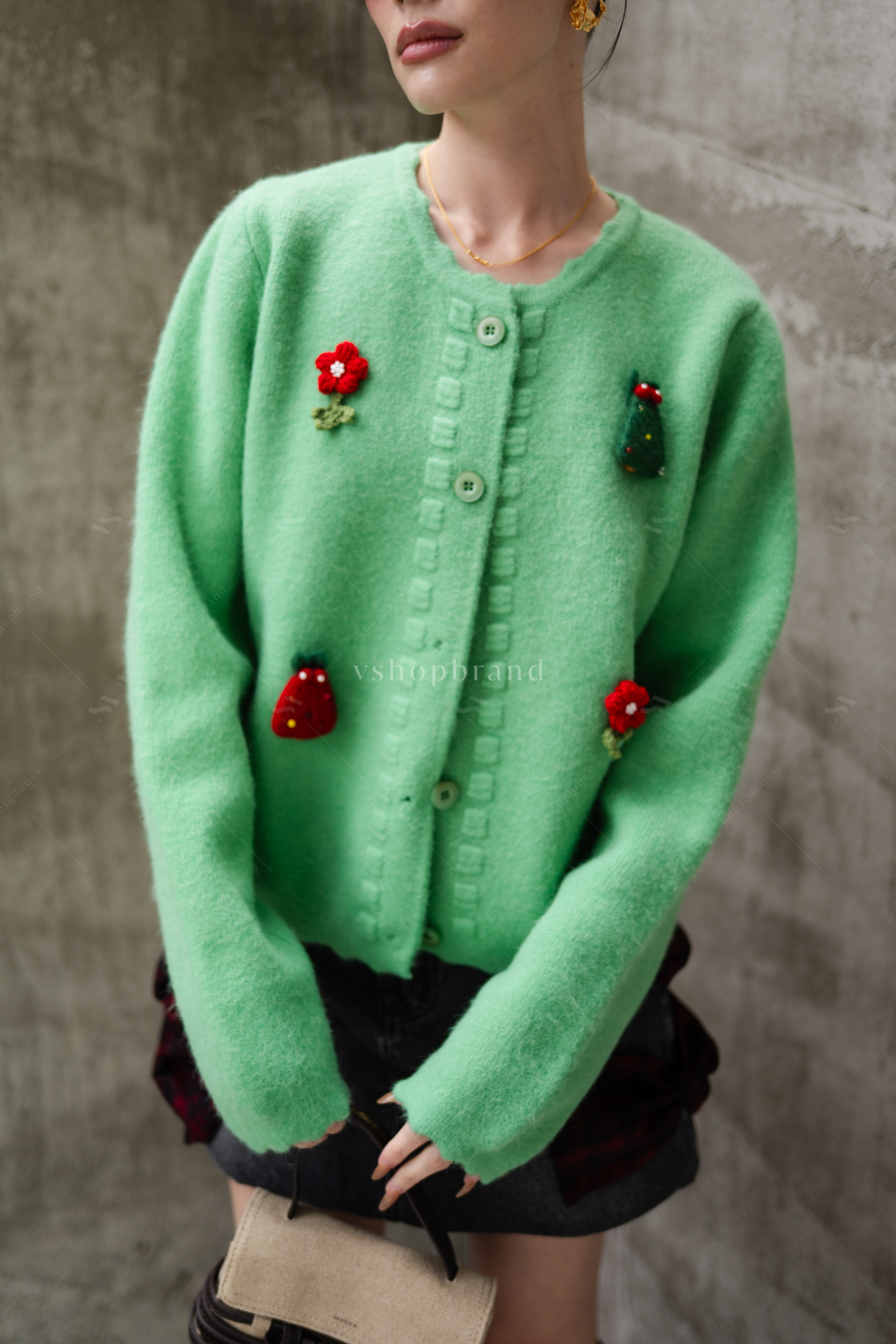 เสื้อไหมพรมแขนยาวขลิบขอบติดคริสมาสต์