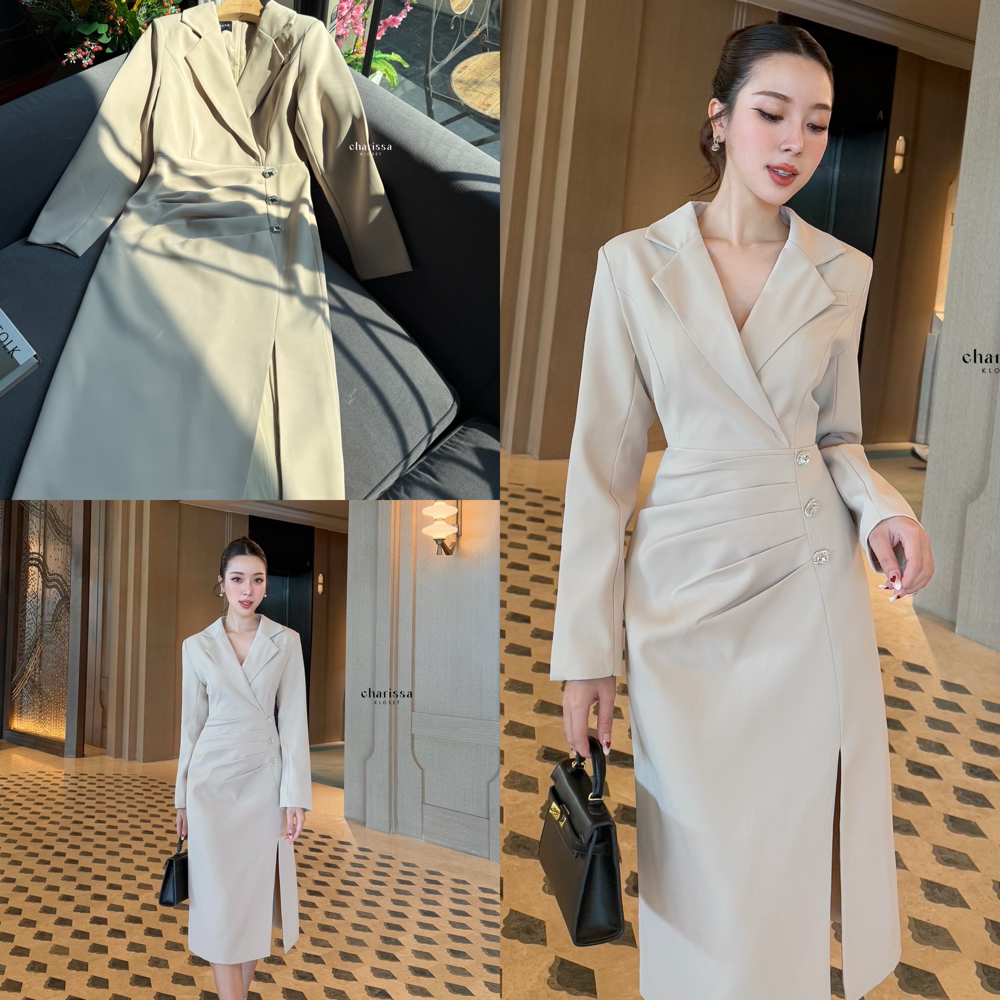 เดรสปกสูททรงเข้ารูปสวยมากก รุ่นนี้มีความพิเศษที่การดีไซน์เย็บจับจีบบริเวณที่ให้เอวทำให้ดูผอม และปกพุงได้ดี เพิ่มความหรูด้วยกระดุมอะไหล่เพชรสวยมากก เดรสมีซับในทั้งชุด ผ้านุ่มใส่สบายมากก แอบเซ็กซี่เล็กๆการผ่าด้านข้างทำให้สวยและเดินสะดวกมาก ซิปซ่อนด้านหลังน๊