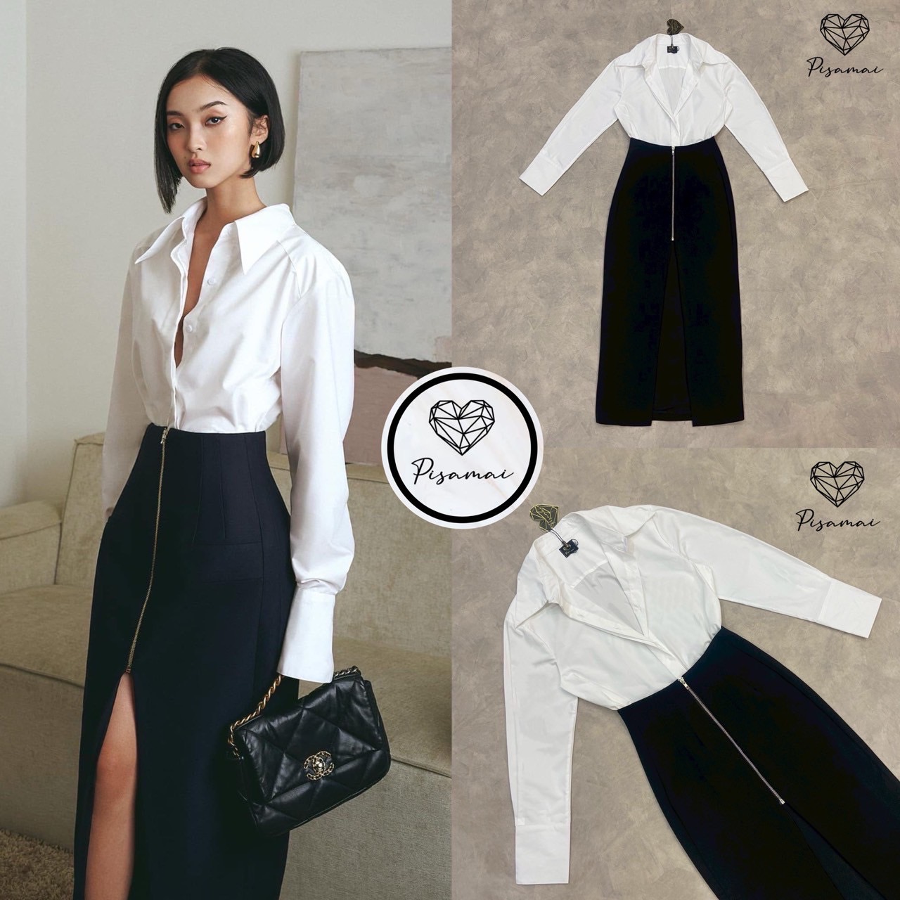 เซ็ตเสื้อเชื้ตคอปกสีขาวแขนยาว มาคู่กับกระโปรงสีดำ แต่งซิปหน้าสั้น อะไหล่เงิน สวย สง่า มาพร้อมเข็มขัดครบเซ็ต เฟียสๆ แกรมๆ ได้ไม่ซ้ำใคร ต้องมีเลยค่า