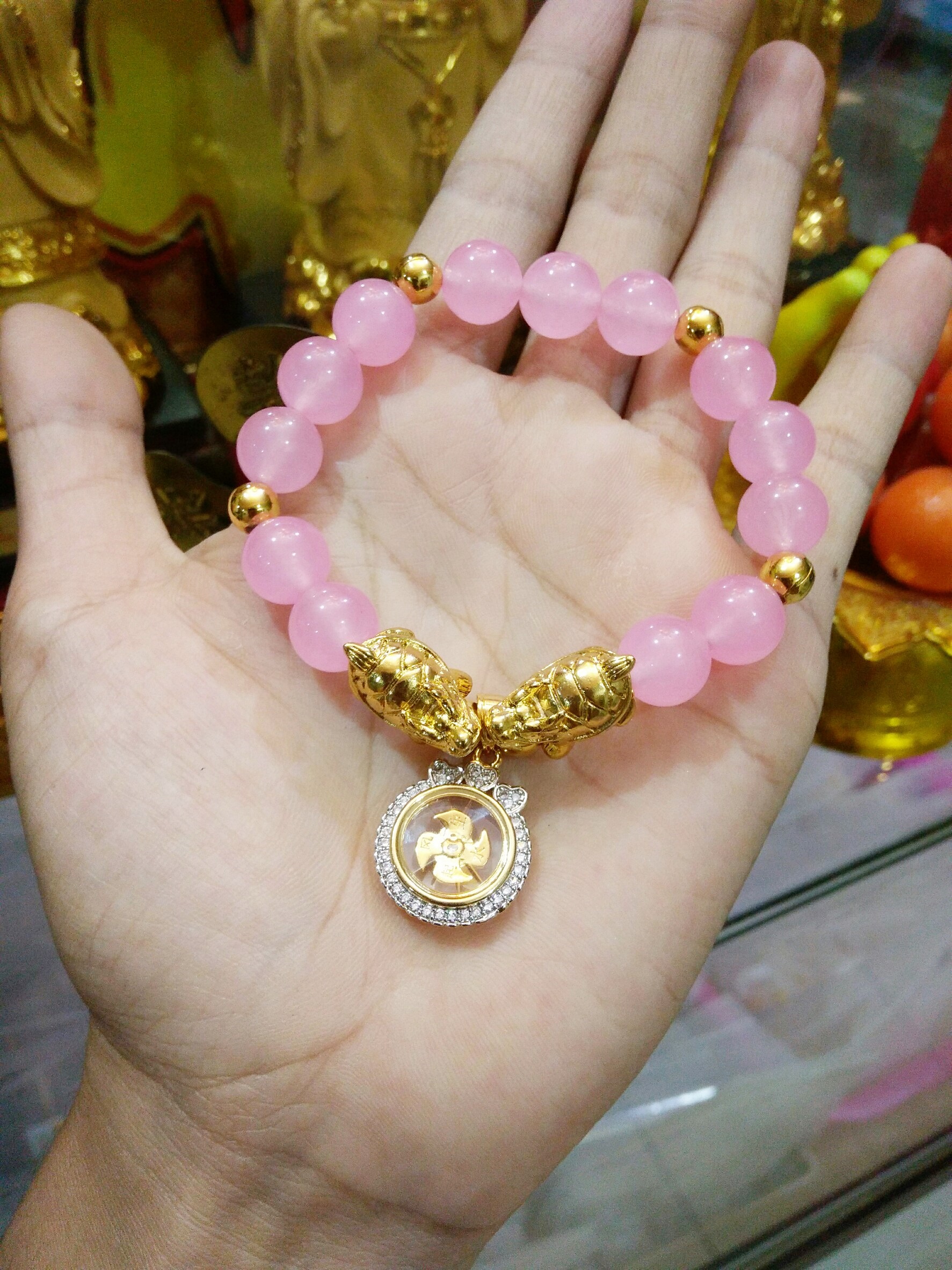 สร้อยข้อมือปี่เซียะประดับหินโรสควอตซ์และจี้กังหัน สุดยอดมงคล