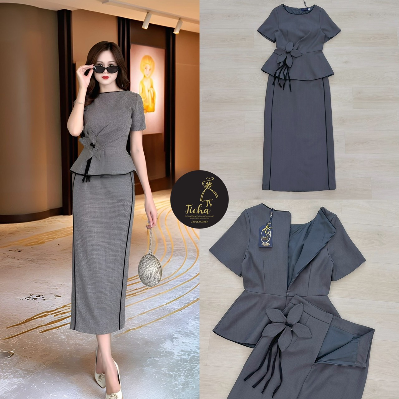 ชุด Set3ชิ้น เสื้อแขนสั้นสีเทา ดีเทลแต่งระบายและกุ้นสีดำชายเสื้อ (อกเสริมฟองน้ำ ซิปหลัง) และมีเข็มกลัดดอกไม้ มาพร้อมกระโปรงสีเทาทรงสอบดีเทลผ่าหลัง แต่งกุ้นสีดำด้านหน้าดีไซน์สวย (มีซิปหลัง)