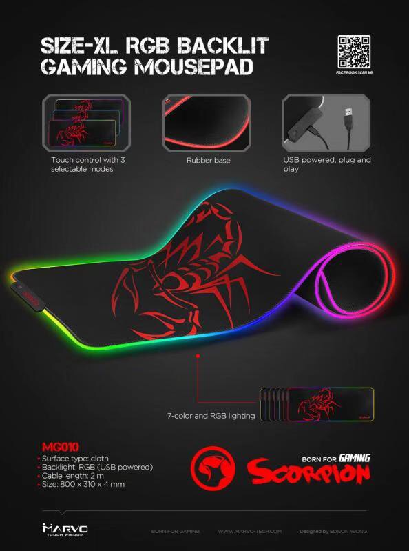 MARVO MG010 MARVO แผ่นรองเม้าท์เกมส์ Size: XL 800x310mm หนา 4 mm ขอบเรืองแสง USB MG010 Size: XL 800x310mm หนา 4 mm SKU-00872