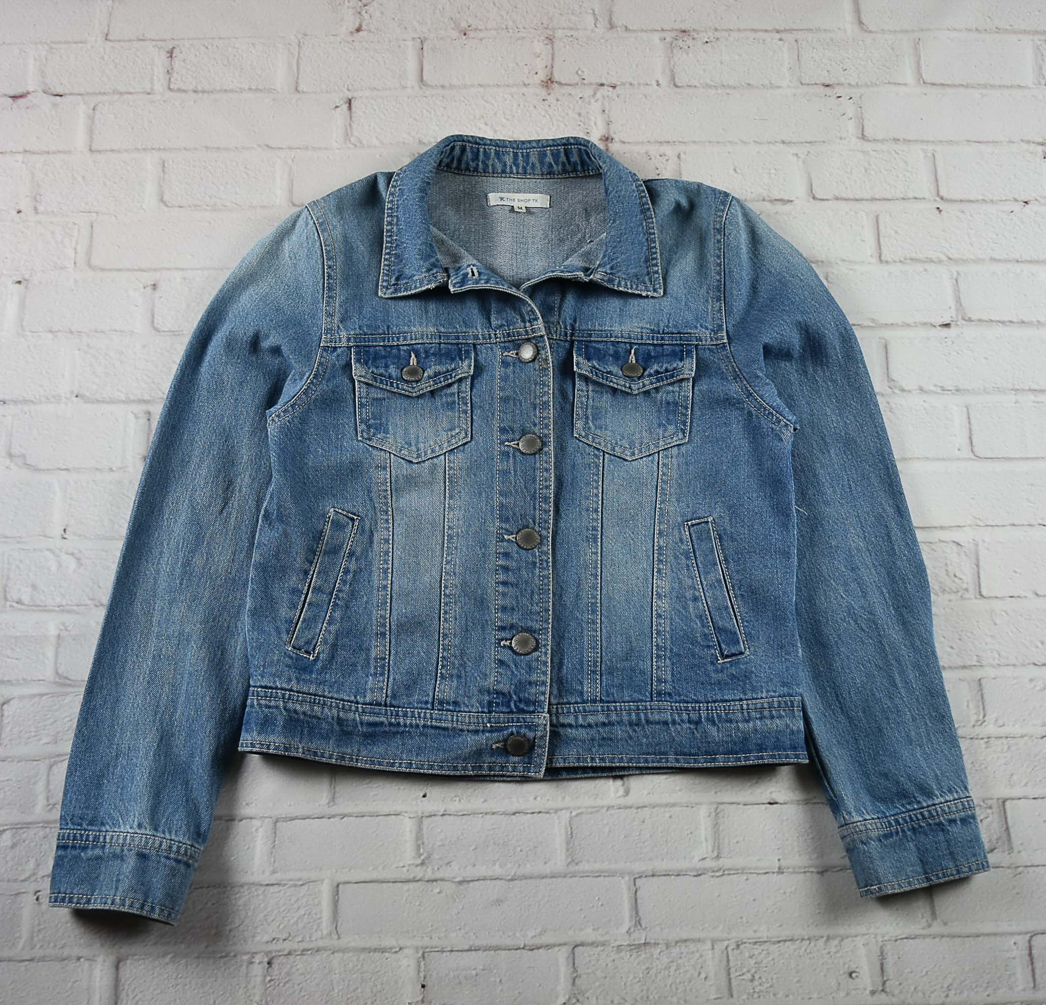 THE SHOP TK อกจริง 35 ไซส์ S เสื้อแจ็คเก็ตยีนส์ แขนยาว ผู้หญิง สีฟอก ทรงสวย เนื้อผ้านุ่มใส่สบาย คลุมกันแดด
