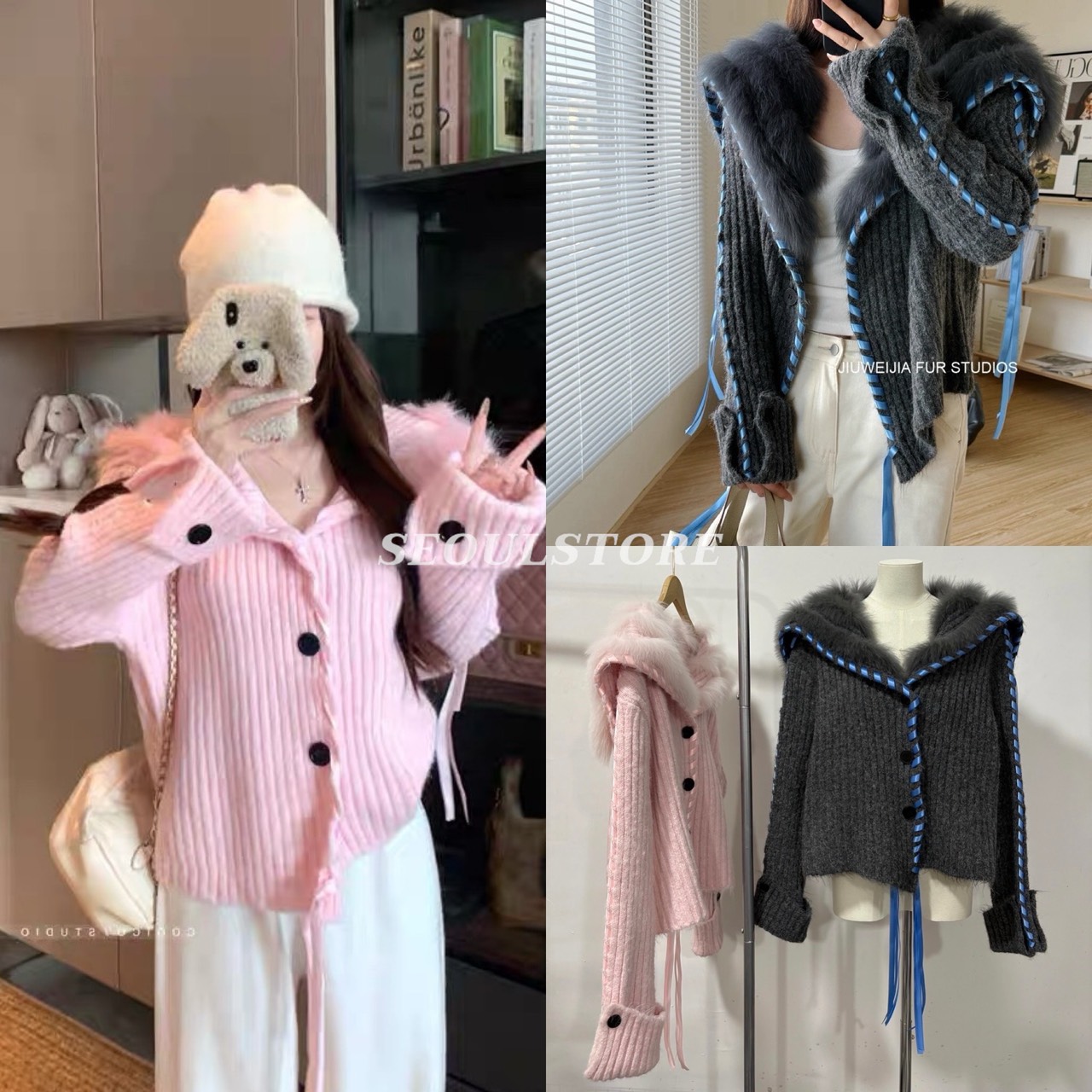 เสื้อคลุมทรงOversized น่ารักมากค่ะตัวนี้ ดีเทลตกแต่งริบบิ้น คอปกขนเฟอร์ งานสไตล์เกาหลี