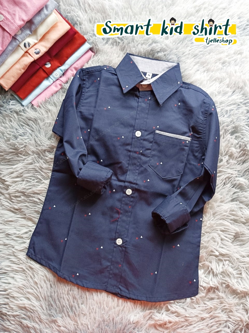 เสื้อเชิ้ตเด็ก แขนยาว คอปก สีกรมท่าพิมพ์ลาย 8เดือน-10ขวบ