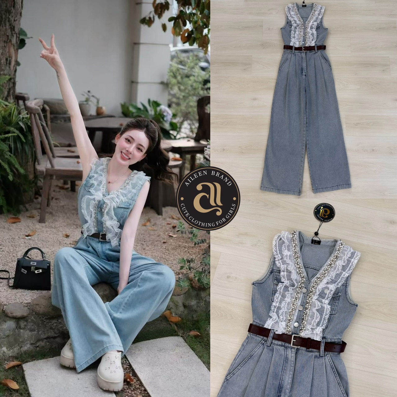 จั้มสูทยีนส์เดย์นิม แขนกุดคอวี ดีเทลแต่งเพชรและมุขระบายลูกไม้2ชั้นช่วงคอและอก แต่งกระดุมและซิปหน้า กระเป๋าข้างหน้าหลังใช้งานได้จริง แต่งกระเป๋าตรงหน้าอกทั้ง2 ข้าง มาพร้อมเข้มขัดสีน้ำตาลหัวสีเงิน