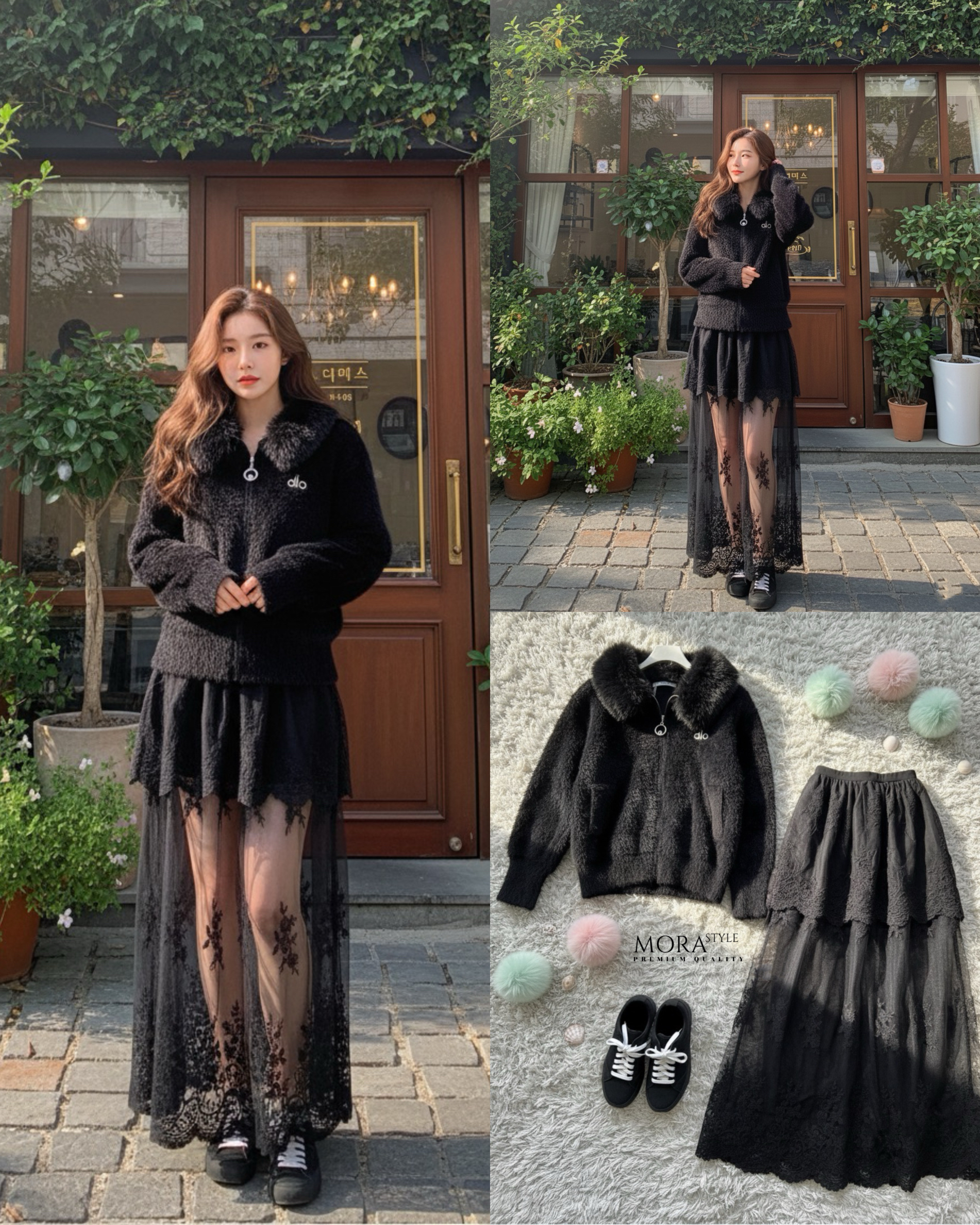 เซ็ต 2 ชิ้น เสื้อแขนยาวแต่งขนเฟอร์ช่วงคอ ขนฟูนุ่มงานสวย ผ้าใส่สบาย มาพร้อมกับกระโปรง แต่งซีทรูลูกไม้ 2 ชั้น งานสวยมากกก งานใส่สบาย