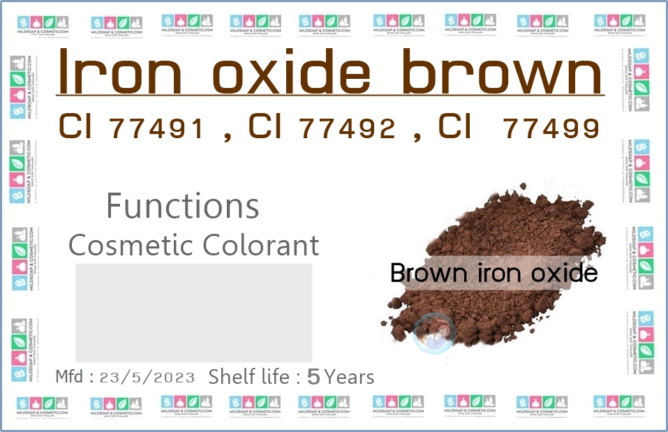 Color Brown : Iron oxide brown / สีน้ำตาล ไอรอนออกไซด์ / C.I.77491 , C.I.77492 , C.I. 77499 ชนิดผง กระจายตัวในน้ำ และน้ำมัน ใช้ได้กับเครื่องสำอางทุกประเภท COA / SDS