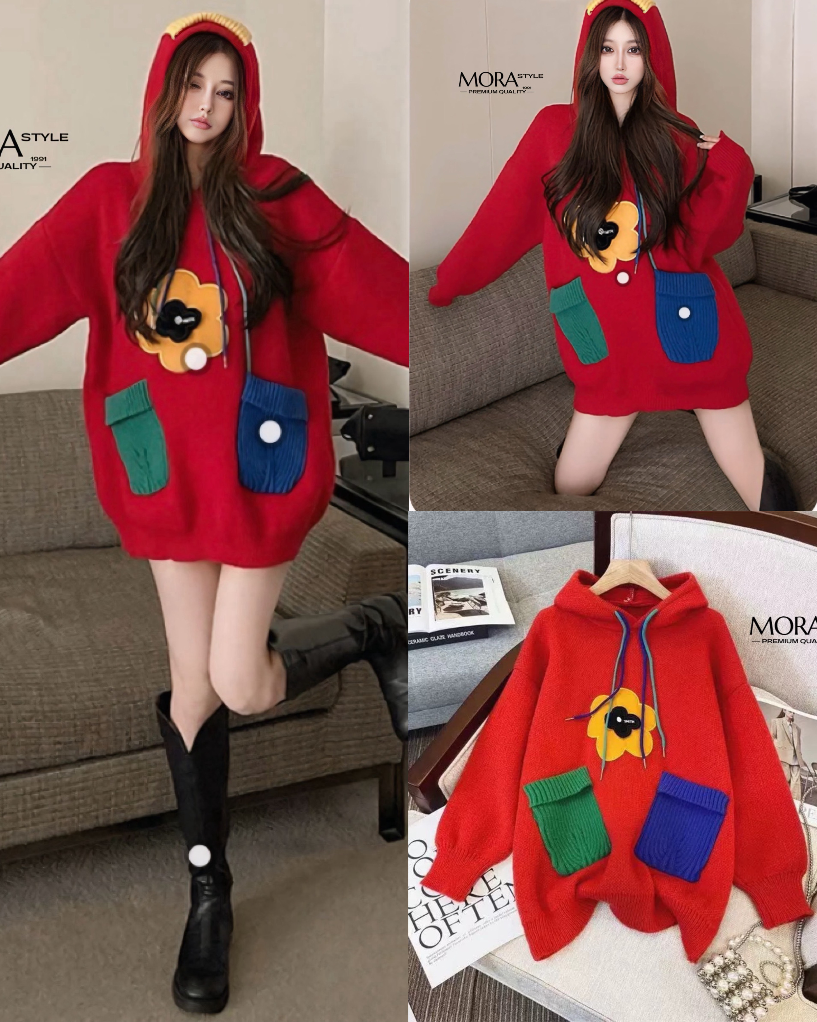 เสื้อสเวตเอตร์แขนยาวมีฮูทหมวก แต่งดอกไม้และกระเป๋าน่ารักมากกกก ใส่แมทง่าย กันหนาวได้ ตรงตรีมปีใหม่เลยค่าา เป็นอีกรุ่นที่ปีใหม่นี้ต้องมีนะค่าา