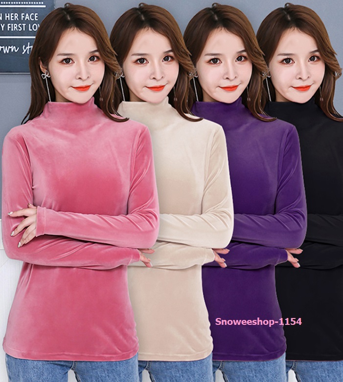 เสื้อแขนยาวคอสูงผ้าแคชเมียร์ทอหนา ซับในกำมะหยี่หนาสำหรับกันหนาวหรือใส่แทนลองจอน ฮีทเทค ทรงสลิมเข้ารูป ผ้ายืดได้ 3-5 นิ้ว ปกคอสูงมี 4 สี