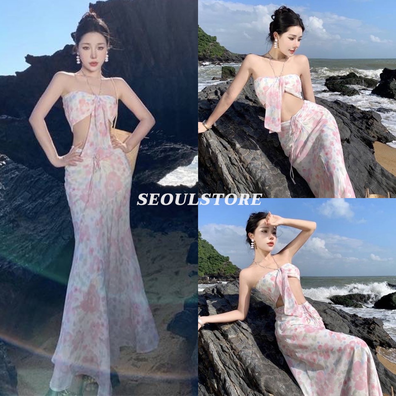 ชุดเซ็ท 2 ชิ้น เสื้อครอปสาย เดี่ยวคล้องคอ + กระโปรงยาว ผ้ารูปสวยเนื้อพริ้วพิมพ์ลาย งานดีมากใส่สบายค่ะ